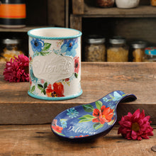 Load image into Gallery viewer, Floral 2-Piece Mini Stoneware Utensil Crock and Spoon Rest Set
