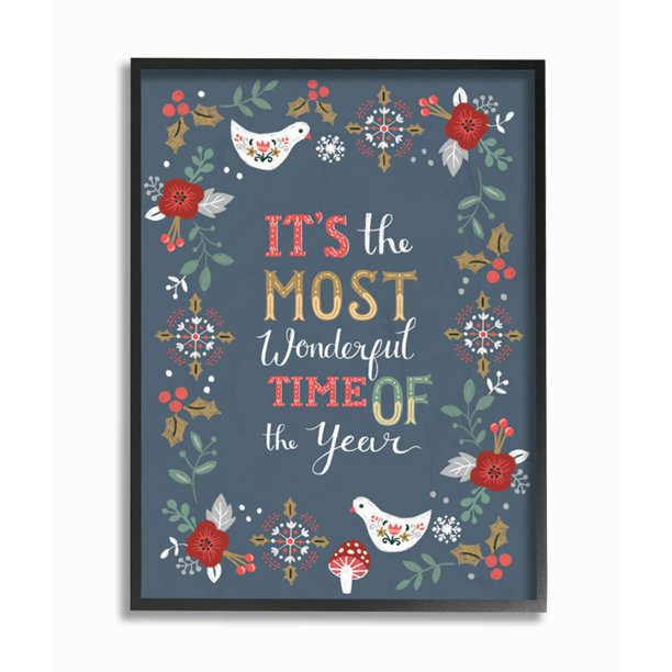 Stupell Industries Most Wonderful Time Holiday Christmas Blue Word DesignFramed Wall Art By Artist A.V. Art