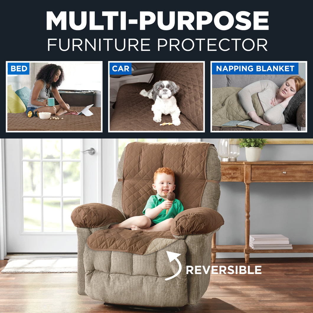 Recliner Reversible Quilted Microfiber Pet Cover Multipurpose Furniture Protector, Tan/Brown, 3-Piece