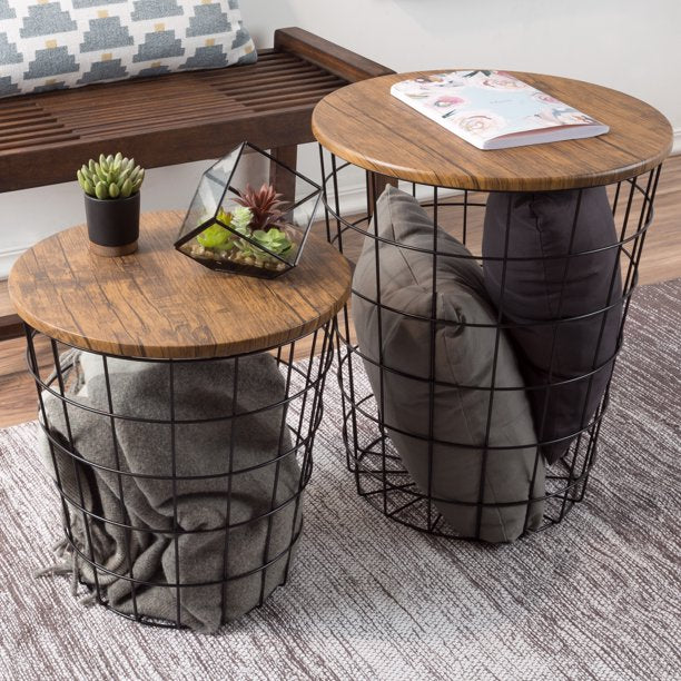 Nesting End Tables with Storage- Set of 2 Round Metal Baskets By Lavish Home, Chestnut