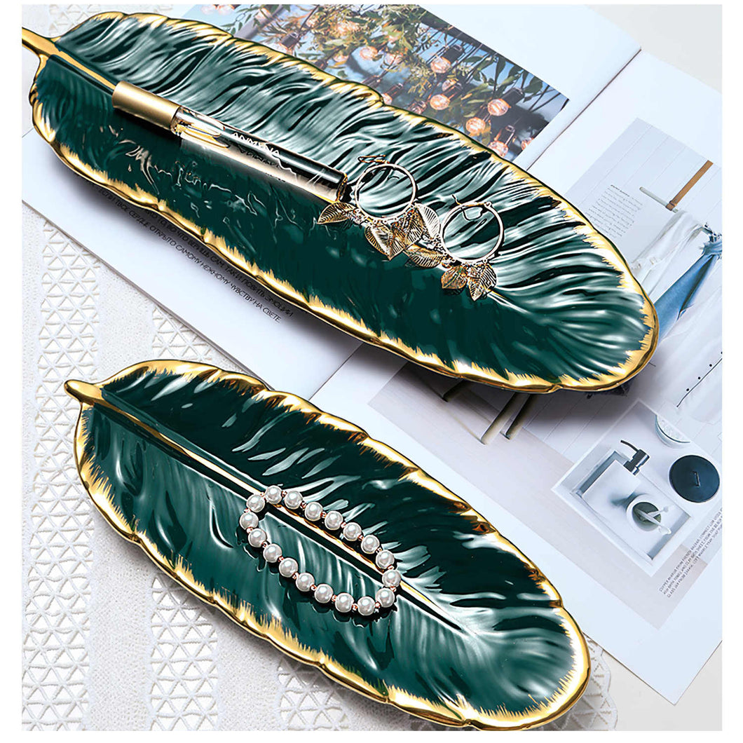 Fruit Tray Banana Leaf Shape Dark Green Dried Fruit Tray Nordic Style Ceramic Tray with Golden Edge for Kitchen Home Living Room