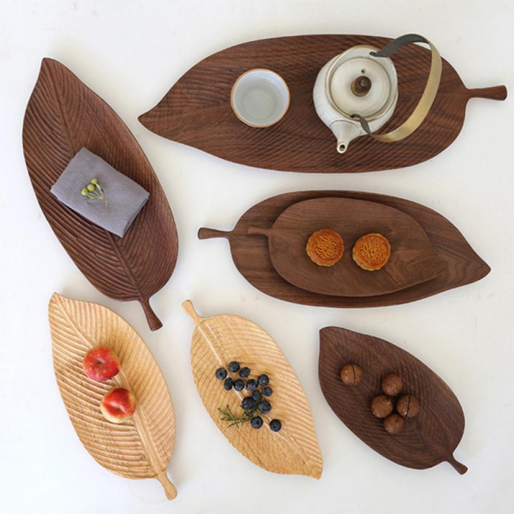 Leaf Shape Solid Wood Dessert Plate Decoration Tray Fruit Dishes Nordic Style Tableware Tray Kitchen Storage Pallet Plate Organizer