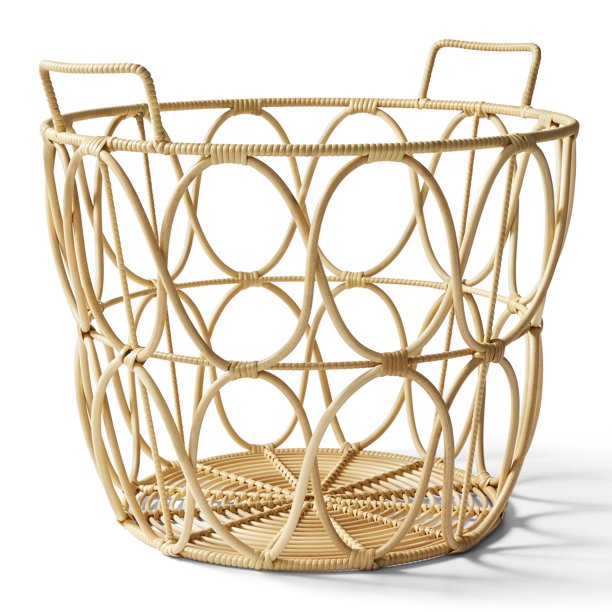 Large Natural Poly Rattan Open Weave Round Basket