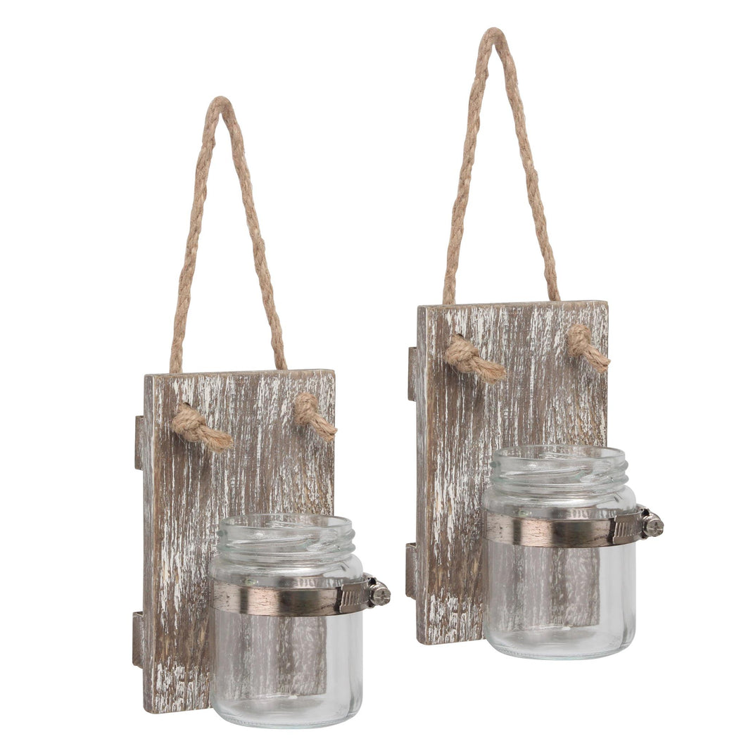 Rustic Mason Jar Wall Sconce Set with Hanging Rope, Set of 2