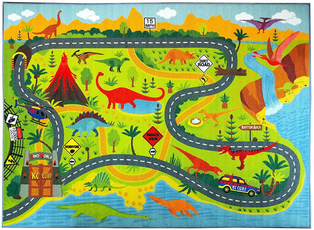 Playtime Collection Dinosaur Dino Safari Road Map Educational Learning Area Rug Carpet for Kids and Children Bedrooms and Playroom (3'3