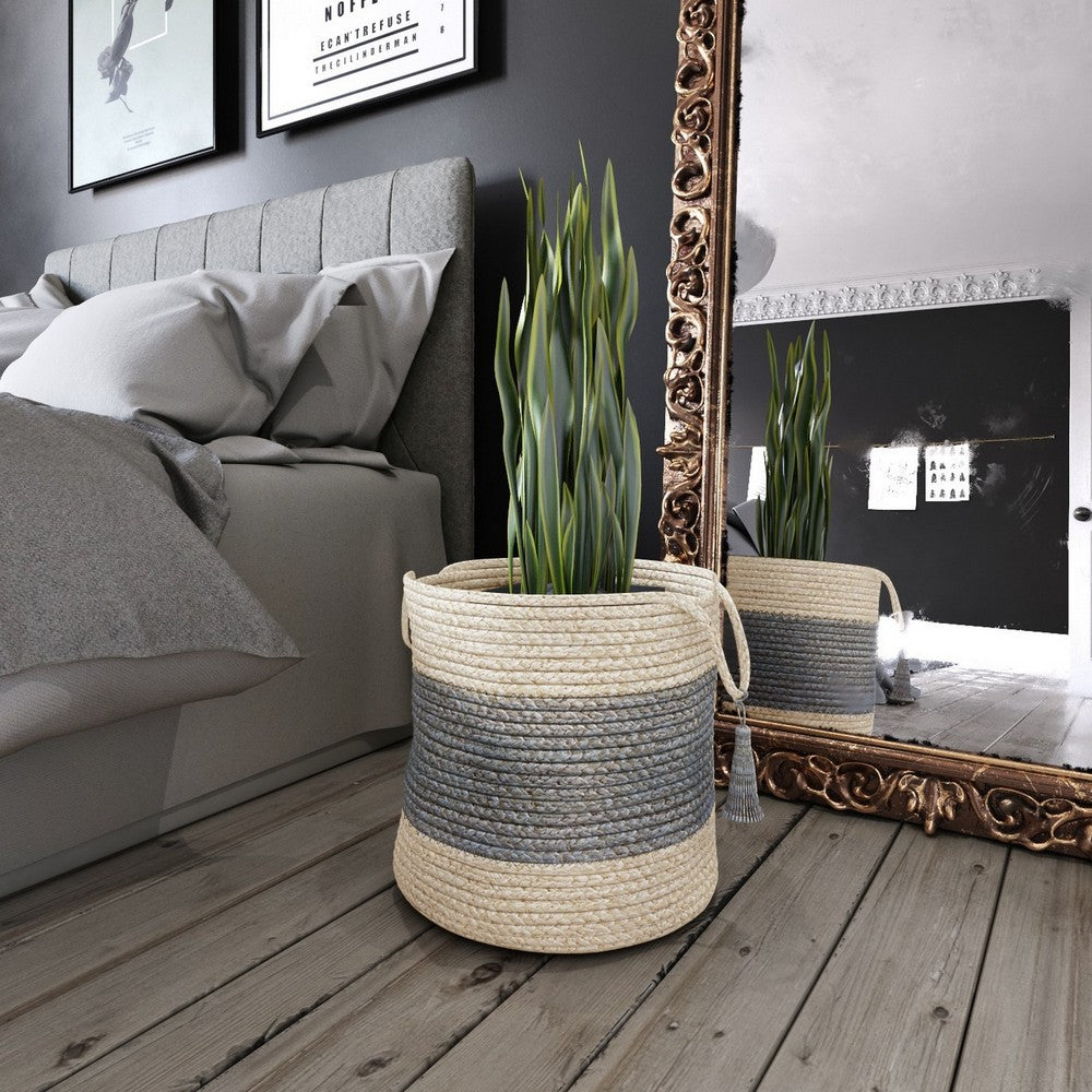 LR Home Bold Striped Off-White Jute Decorative Storage Basket