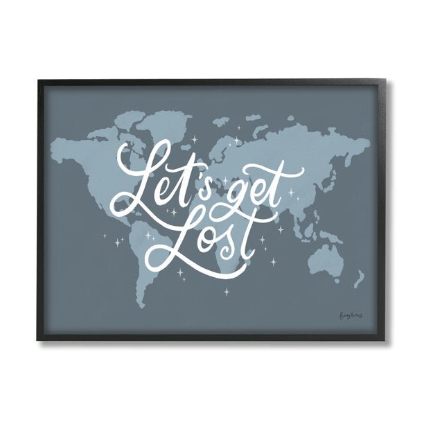 Industries Let's Get Lost Adventure Phrase Blue World Map, 11 x 14, Design by Becky Thorns