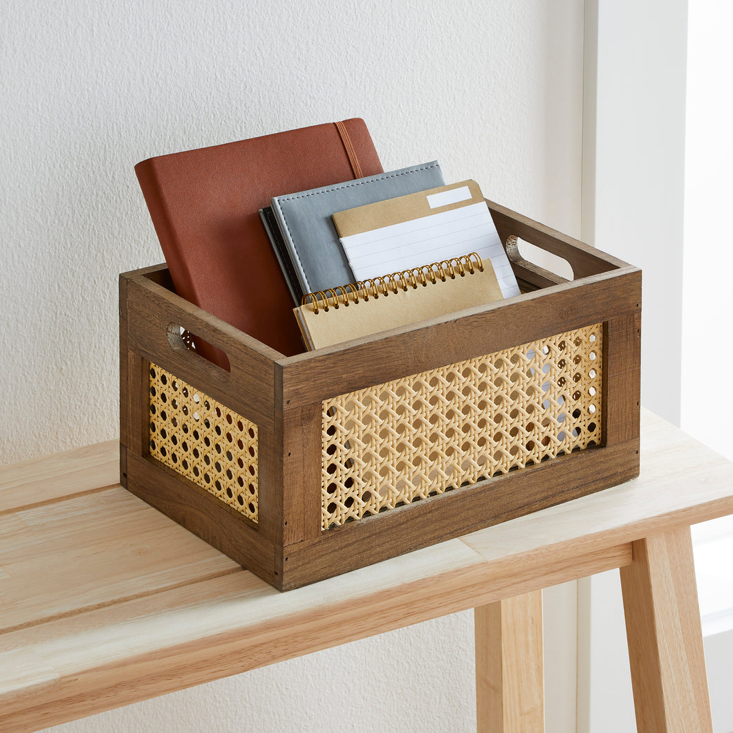 Small Wood and Poly Rattan Cane Weave Storage Crate