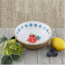 Load image into Gallery viewer, 7&quot; Blue Border Breezy Blossoms Wood/Enamel Salad Bowl, set of 2
