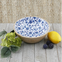 Load image into Gallery viewer, 7&quot; Blue Border Breezy Blossoms Wood/Enamel Salad Bowl, set of 2
