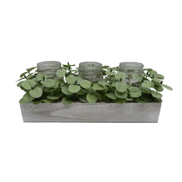 16-inch 3 Jar Plastic Eucalyptus/Artificial Greenery in Faux MDF Wood Box