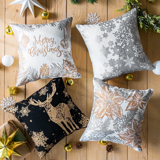 Merry Christmas Gilding Reindeer Snowflake Decorative Throw Pillow Cover, 18