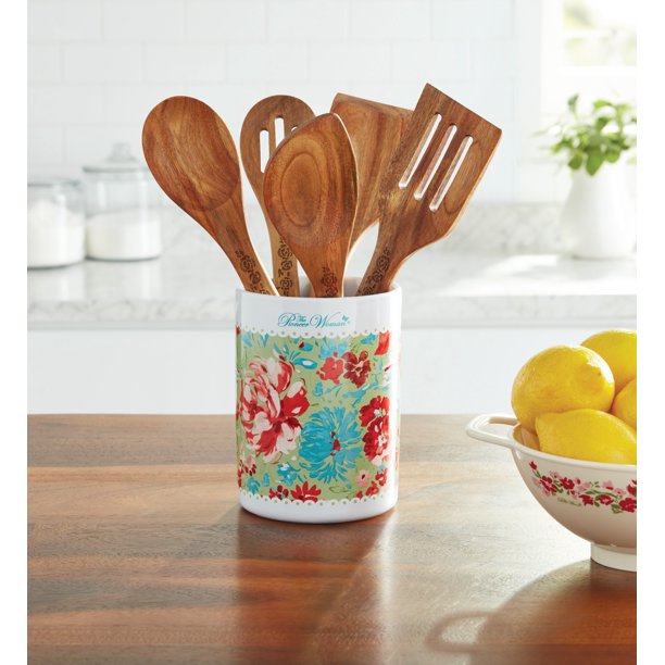 6-piece Crock and Wooden Tool Set in Vintage Floral