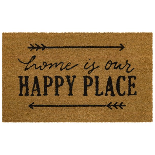 Home Is Our Happy Place Outdoor Coir Doormat, Natural and Blue, 18' x 30'