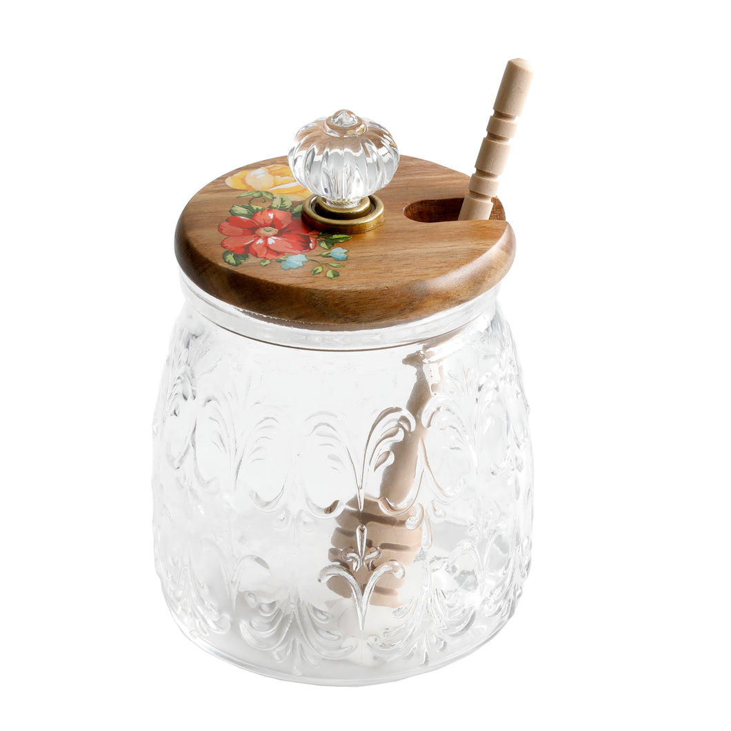 Vintage Floral Honey Jar with Lid and Wood Dipper