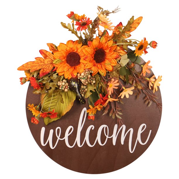 Welcome Sign, Round Wood Sign Hanging,Sunflowers Wreaths Hanging Sign for Home, Outdoor