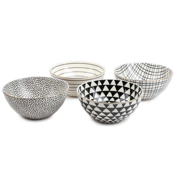Servware Black & White Assorted Stoneware Round Bowls, 4 Pack