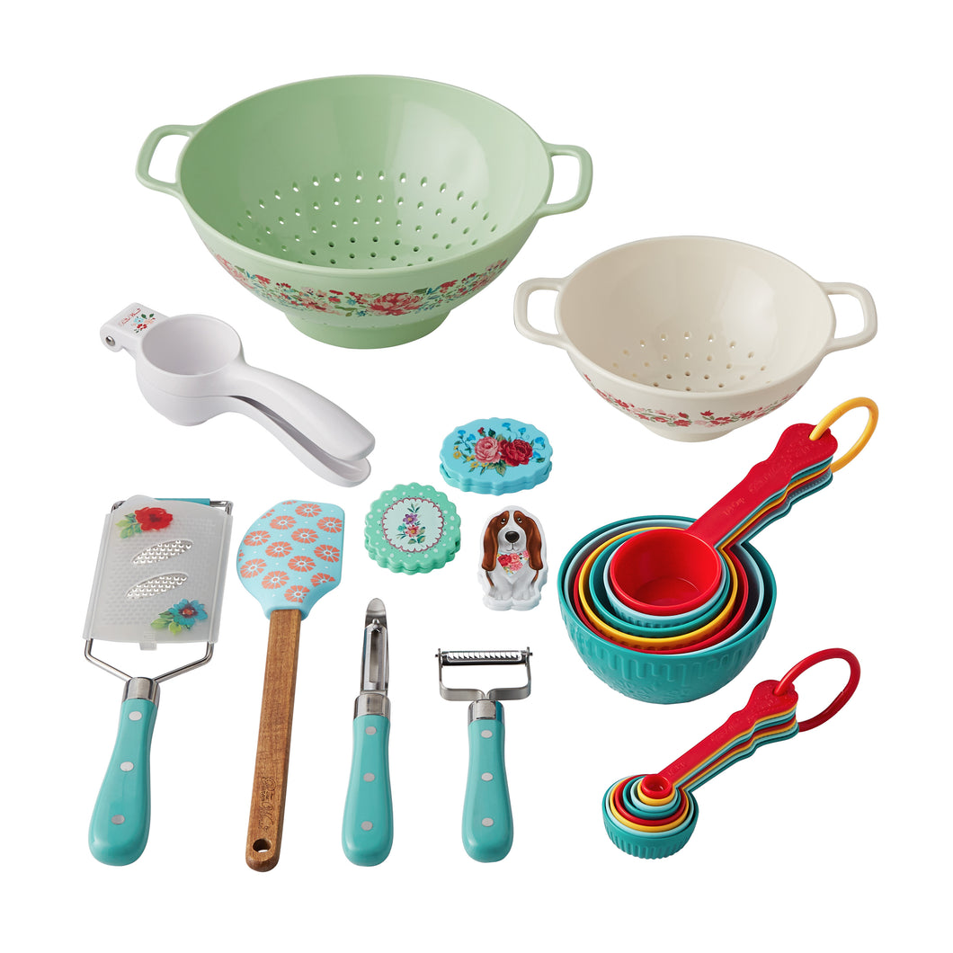 The Pioneer Woman Rustic Floral Silicone, Stainless Steel and Acacia Wood 25-Piece Gadget Set, Teal