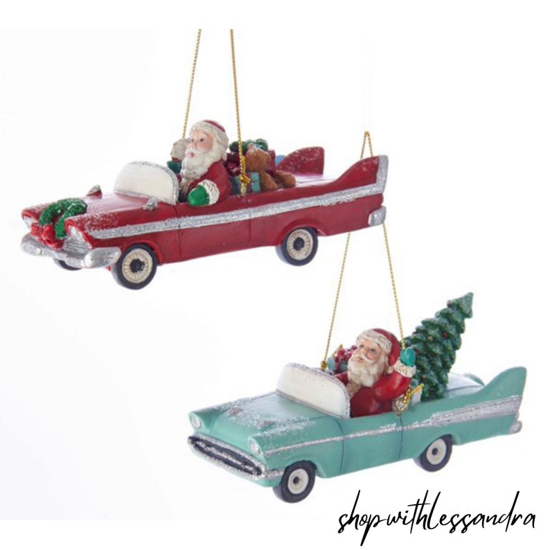 Santa Driving Retro Car Holiday Ornaments Set of 2 Mid Century Style