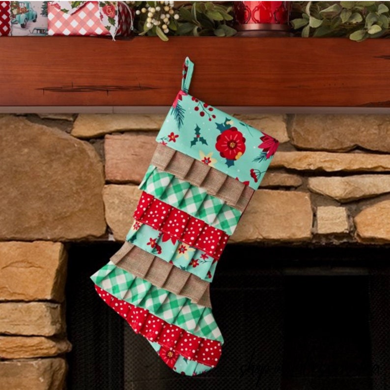 Blue Retro Holiday Floral Ruffle Polyester Christmas Stocking, 20
